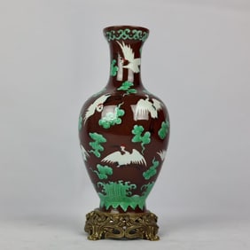 An Exquisite Biscuit Inlaid Bronze Crane Pattern Vase