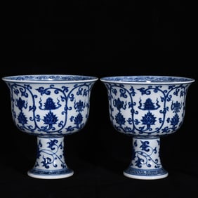 An Exquisite Blue and White Lotus Pattern Eight Treasures Pattern Stem Bowl