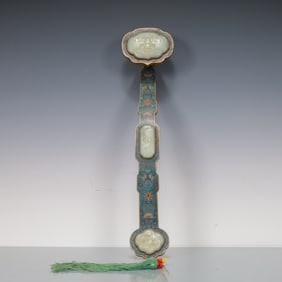 An Exquisite Cloisonne Gilt Bronze Inlaid White Jade Lotus Pattern Ruyi