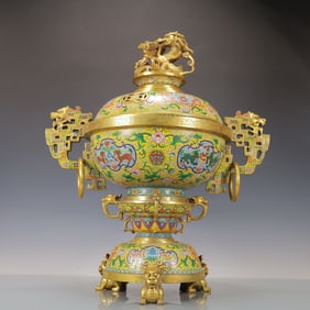A Exquisite Cloisonne Lotus Pattern Auspicious Beast Pattern Double-Ears and Tripod Censer