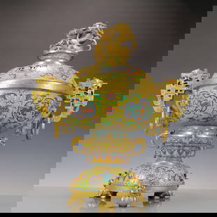 A Exquisite Cloisonne Lotus Pattern Auspicious Beast Pattern Double-Ears and Tripod Censer: A Exquisite Cloisonne Lotus Pattern Auspicious Beast Pattern Double-Ears and Tripod Censer Qing Dynasty, China Qianlong Six-character Mark Size:26.2inx21.3in Weight:28900g&#26223;&#27888;&#34013;&#325