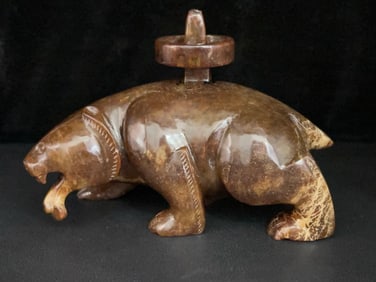 An Exquisite White Jade Bear-Shaped Candlestick