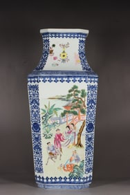 An Exquisite Famille-Rose Blue and White Character and Story Pattern Lotus Pattern with poem Vase