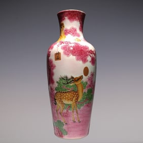 An Exquisite Enamel Ruby red-Glazed Landscape Pattern Animal Pattern with poem Vase