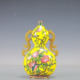 A Exquisite Coppery Enamel Flower and Bird Pattern Gourd-Shaped Double-Ears Vase