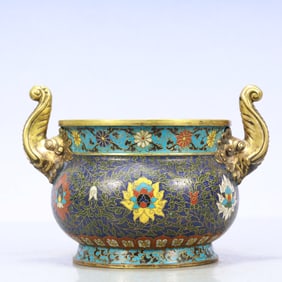 A Exquisite Cloisonne Lotus Pattern Double-Ears Censer