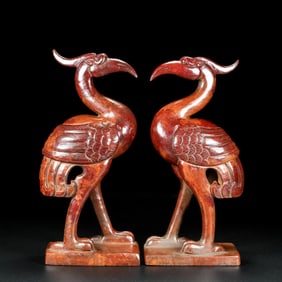 A Pair of Exquisite White Jade Crane Ornament