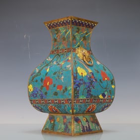 A Exquisite Cloisonne Flower and Bird Pattern Double-Ears Vase