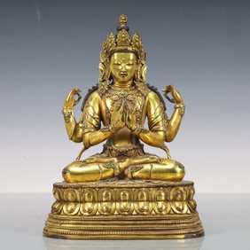 A Exquisite Gilt Bronze Four-arms Statue of Avalokitesvara