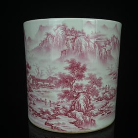 An Exquisite Ruby Red-Glazed Landscape and Figure Pattern Brush Pot,With Poem