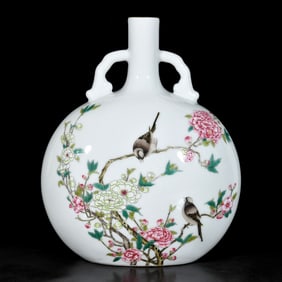 A Rare Enamel Painted Gold Flower and Bird Pattern Double-Ears Vase