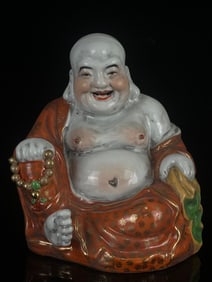 An Exquisite Famille-Rose Auspicious Cloud Pattern Statue of Maitreya Buddha