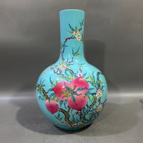 A Rare Turquoise Glazed Famille-Rose Painted Gold Bats and Peach Pattern Vase