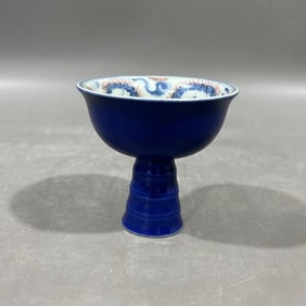An Exquisite Ji Blue Glazed Blue and White Underglaze-Red Auspicious Cloud and Dragon Pattern Stem