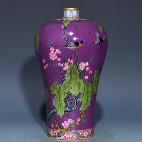 An Exquisite Purple Glazed Famille-Rose Painted Gold Flower and Bird Pattern Vase,With Poem