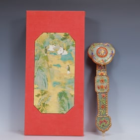 An Exquisite Filigree and Gilding Inlaid Greenish Jade Ruyi Ornament,Inlaid Gems