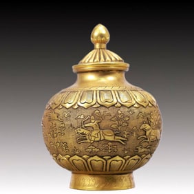 A Rare Gilt Bronze Hunting Pattern Cover Jar