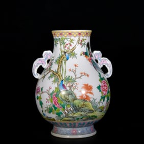 An Exquisite Enamel Flower and Bird Pattern Double-Ears Vase,With Poem