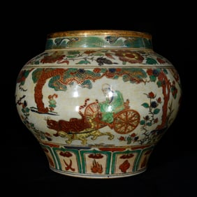 A Rare Blue and White Wucai Painted Gold Character and Story Pattern Jar