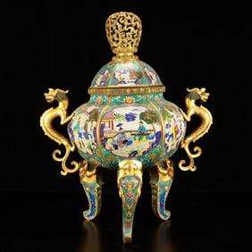 A Huge Cloisonne Lotus and Figure Pattern Dragon-Ears Tripod Censer