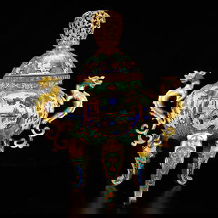 A Huge Cloisonne Lotus and Figure Pattern Dragon-Ears Tripod Censer: A Huge Cloisonne Lotus and Figure Pattern Dragon-Ears Tripod Censer,(A type of enamelware with metal wires separating colored glaze, originating in China),Qing Dynasty,China,Qianlong Four-character Ma