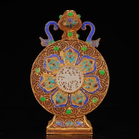 An Exquisite Filigree and Gilding Inlaid White Jade Eight Treasures Pattern Double-Ears