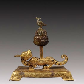 A Rare Gilt Bronze Inlaid Gaogu Jade Auspicious Beast Censer
