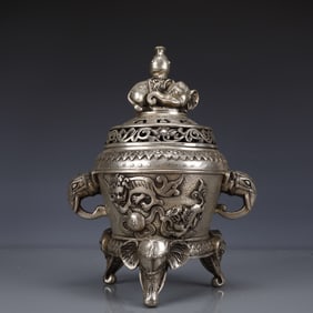 An Exquisite Silver-plated Bronze Auspicious Beast Pattern Double-Ears and Tripod Censer