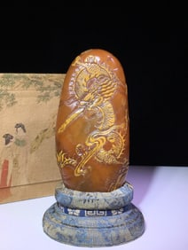 An Exquisite Shoushan Stone Dragon Pattern Seal,With Poem