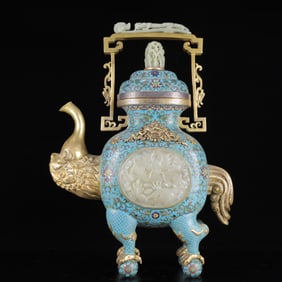 An Exquisite Cloisonne Inlaid White Jade Dragon Pattern Ewer
