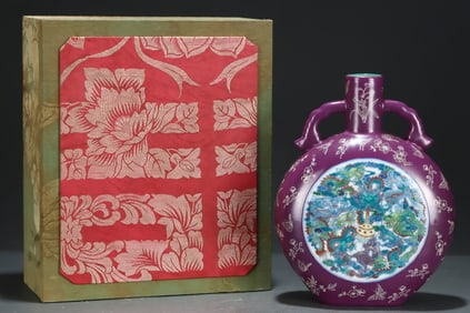 An Exquisite Purple Glazed Flower,Auspicious Cloud and Dragon Pattern Double-Ears Vase