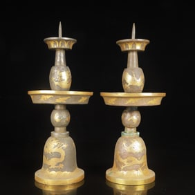 A Pair of Exquisite Gilt Silver Dragon Pattern Candlesticks