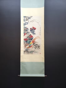 A Chinese Vertical Scroll Ink Painting of Flower and Bird on Paper,Yu Feian