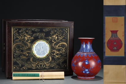 An Exquisite Red Glazed Blue and White Flower and Fruit Pattern Vase,With Vertical Scroll Painting