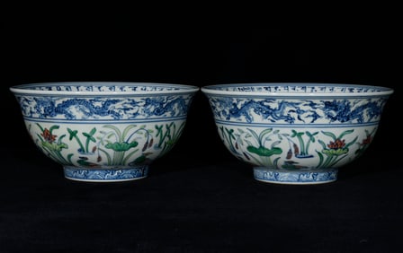 A Pair of Exquisite Blue and White Doucai Mandarin Duck and Dragon Pattern Bowls