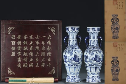 A Pair of Huge Blue and White Lotus,Character and Story Pattern Elephant-Ears Vases,With Vertical