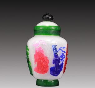 A Multi-Color Overlay White Glass 'Figure' Jar And Cover