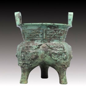 A Precious Bronze Beast-Face Pattern Double-Ears and Tripod Censer