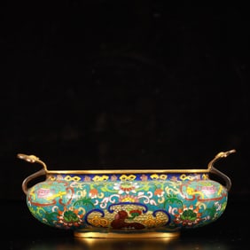 An Exquisite Cloisonne Lotus and Sheep Pattern Double-Ears Censer