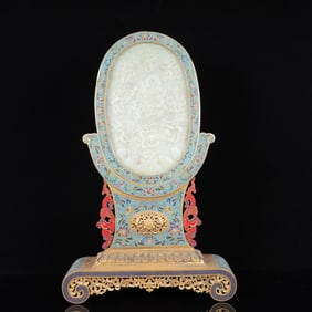 An Exquisite Cloisonne Inlaid White Jade Dragon Pattern Table Screen,with poem