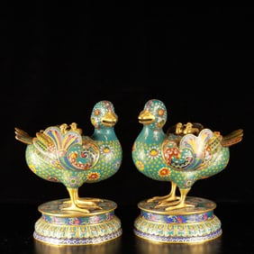 A Pair of Rare Cloisonne Flower Pattern Duck Censer