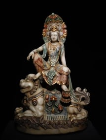 A Rare Marble Painted Color Statue of Manjusri