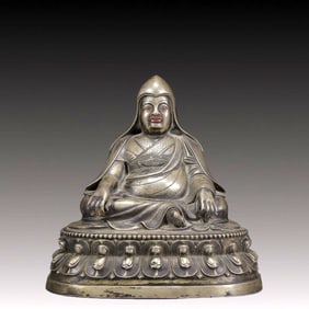 A Solemn Silver Statue of Tsongkhapa,With Inscription