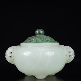 An Exquisite White Jade Double-Ears Censer,with Jasper Cover