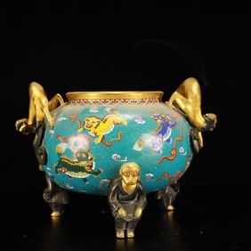 A Huge Cloisonne Kylin Pattern Dragon-Ears Tripod Censer