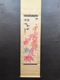 A Chinese Vertical Scroll Ink Painting of Flower and Butterfly on Paper,Qi Baishi