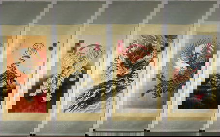 A Set of Chinese Vertical Scroll Ink Painting of Auspicious Beast on Paper,Zhang Daqian