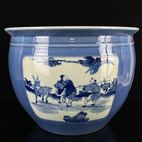 A Rare Blue and White Blue Glazed Figure,Flower and Bird Pattern Vat