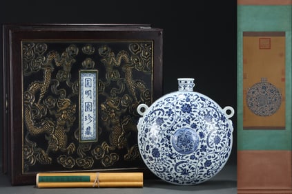 A Rare Blue and White Lotus Pattern Double-Ears Pot,With Vertical Scroll Painting on Silk