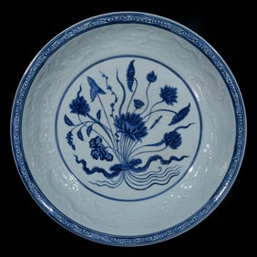 A Huge Blue and White Lotus and Dragon Pattern Plate